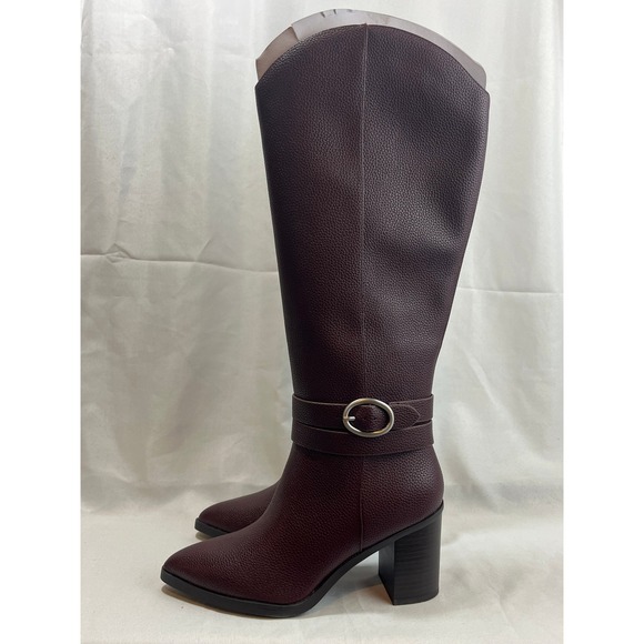a new day Shoes - A New Day Womens Burgundy Textured Faux Leather Pointed Toe Block Heel Boots 8